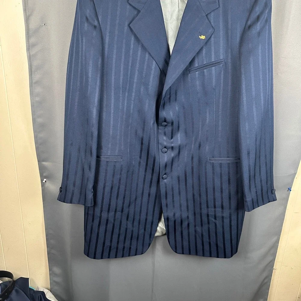 Falcone Curtis Mens 50 Long Navy Blue Pinstripe 3-Button Longline Blazer Jacket